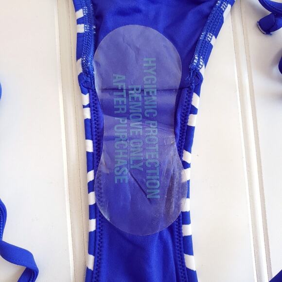 SEAFOLLY Tidal Wave side tie striped swim bikini bottoms in blue wave Size 2 NEW - Picture 3 of 5